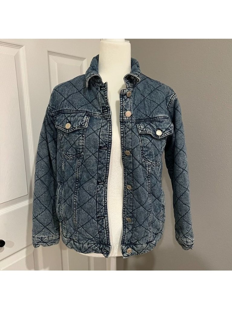 Soft Blue Cotton Quilted Bomber Jean Jacket Size Small